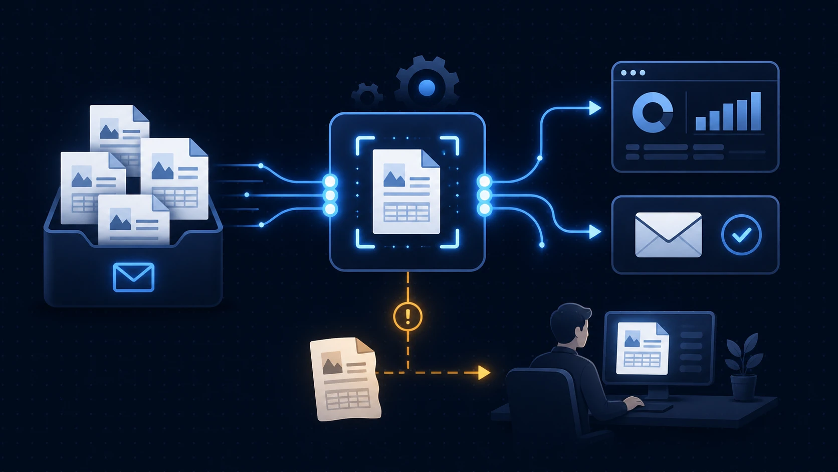 PDF orders flowing from an inbox through an automation engine, with standard cases processed automatically and exceptions routed to a human reviewer