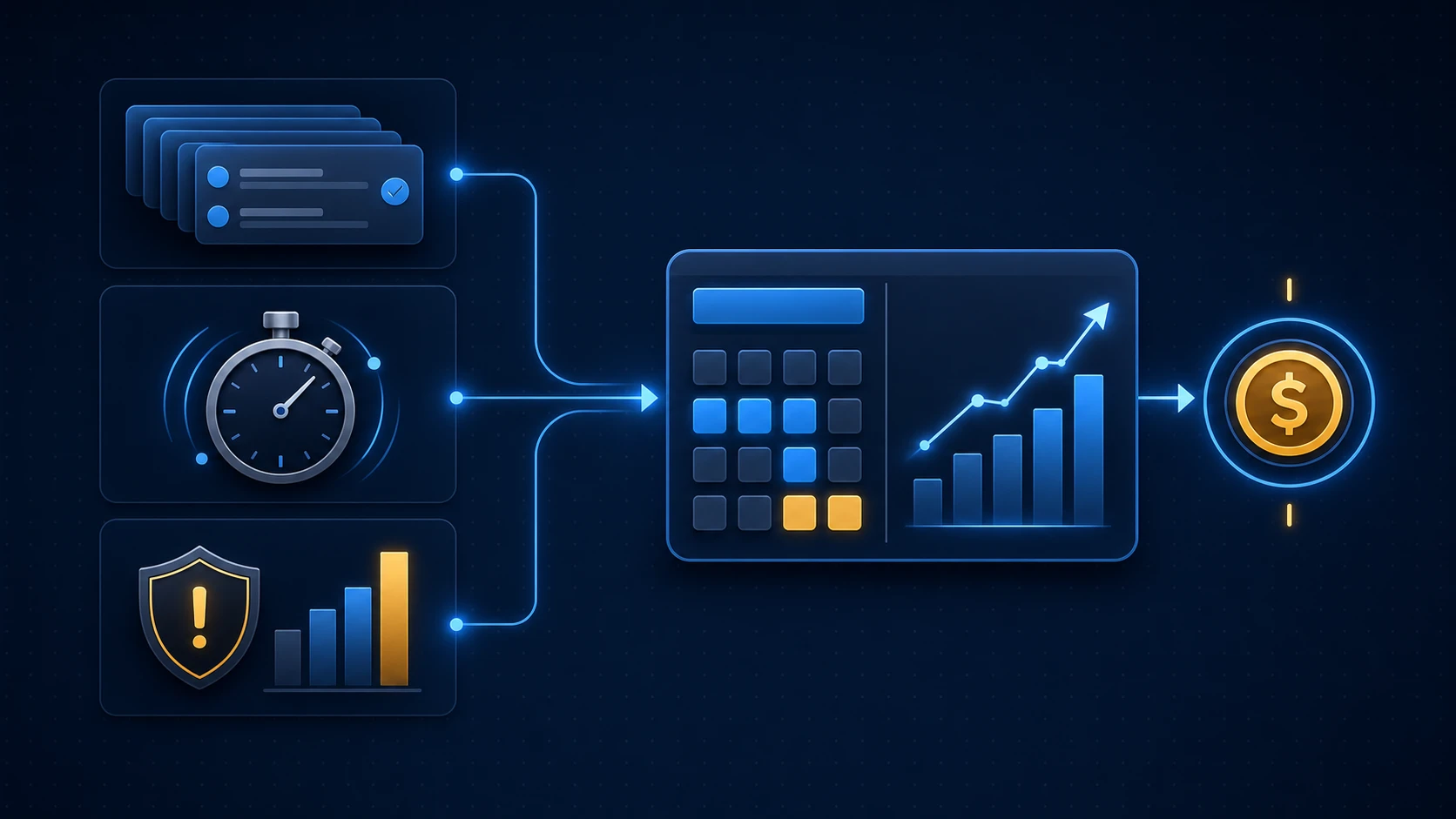 Three ROI factors—process volume, time per execution, and business stakes—flowing into an automation value dashboard