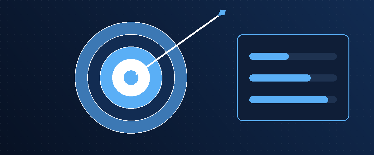 Bullseye target hit dead center by an arrow, next to a dashboard with rising KPI bars