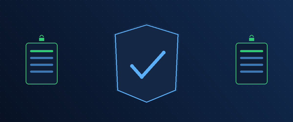Shield with a checkmark at the center, flanked by locked compliance documents